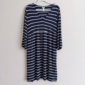 Soma Striped Dress Women’s Medium Navy White 3/4 Sleeve Drawstring Pockets